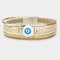 Evil Eye Accented Faux Leather Magnetic Bracelet