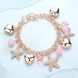 Rhinestone Embellished Starfish Metal Heart Charm Station Toggle Bracelet