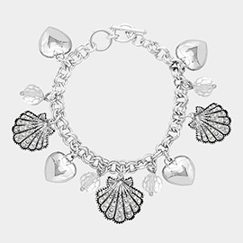 Rhinestone Embellished Shell Metal Heart Charm Station Toggle Bracelet