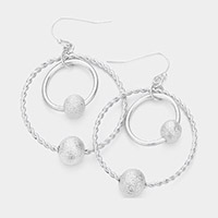 Frosted Ball Accented Brass Metal Double Open Circle Link Dangle Earrings