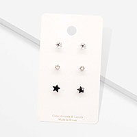 3Pairs - CZ Star Round Stud Earrings