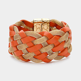 Braided Metal Mesh Faux Leather Magnetic Bracelet