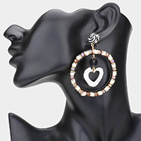 Straw Heart Accented Heishi Faceted Beaded Open Circle Dangle Earrings