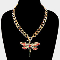 Rhinestone Embellished Dragonfly Pendant Toggle Necklace
