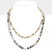 Natural Stone Pearl Wood Pointed Faceted Heishi Beaded Double Layered Necklace