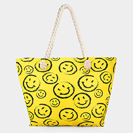 Smile Face Print Beach Tote Bag