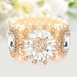 Flower Stone Embellished Pearl Stretch Bracelet