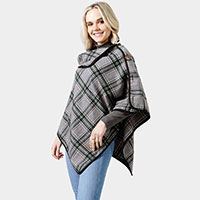 Plaid Check Pattern Poncho With Button