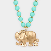 Worn Metal Elephant Pendant Wood Long Necklace