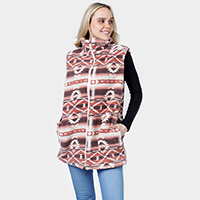 Aztec Patterned Sherpa Fleece Pocket Vest