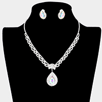 Teardrop Stone Pendant Accented Rhinestone Pave Necklace Clip on Earring Set