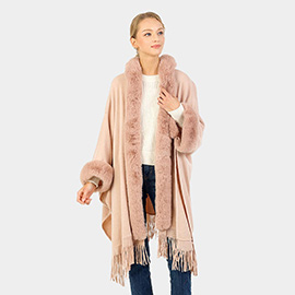 Solid Color Hoodie Winter Cape With Faux Fur Edge