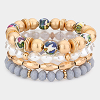4PCS - Printed Ball Pearl Faceted Beaded Stretch Bracelets