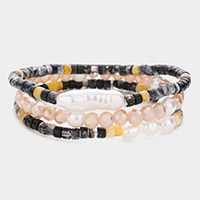 3PCS - Pearl Accented Faceted Beaded Stretch Bracelets