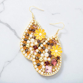 Pearl Flower Stone Bead Embellished Teardrop Dangle Earrings