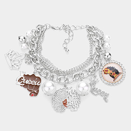 Pearl Crown Queen Message Afro Girl Charm Multi Layered Bracelet