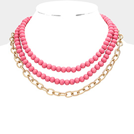 Colored Wood Open Metal Oval Link Triple Layered Necklace