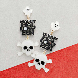 Happy Halloween Message Glittered Resin Ghost Skull Link Dangle Earrings