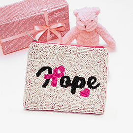 Hope Message Seed Beaded Heart Pink Ribbon Mini Pouch Bag