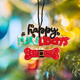 Happy Pawlidays Message Felt Back Seed Beaded Dog Bone Christmas Ornament