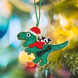 Fa La Rawr Message Felt Back Seed Beaded Santa Hat Dinosaur Christmas Ornament