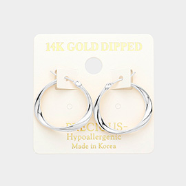 14K White Gold Dipped Twisted Irregular Metal Hoop Pin Catch Earrings