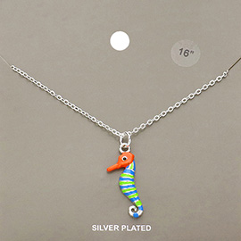 Silver Plated Enamel Metal Seahorse Pendant Necklace