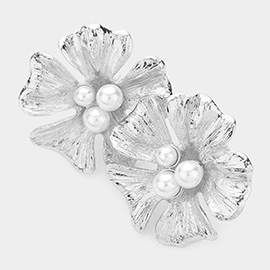 Triple Pearl Embellished Metal Flower Clip on Earrings