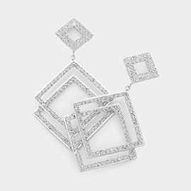 Geometric Rhinestone Embellished Triple Open Square Link Dangle Earrings