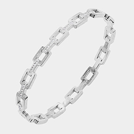 Rhinestone Embellished Open Rectangle Link Stainless Steel Bangle Evening Bracelet