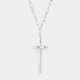 Hammered Metal Paper Clip Chain Cross Pendant Long Necklace