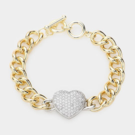 CZ Stone Paved Heart Pendant Accented Chain Toggle Bracelet