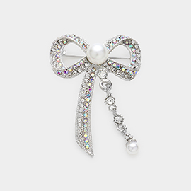 Pearl Accented Stone Paved Ribbon Pin Brooch