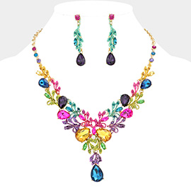 Teardrop Round Stone Accented Leaf Cluster Evening Necklace