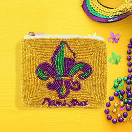 Fleur de Lis Mardi Gras Message Seed Beaded Mini Pouch Bag
