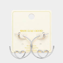 White Gold Dipped Heart Accented Hoop Earrings