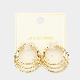 14K Gold Dipped Triple Hoop Pin Catch Earrings