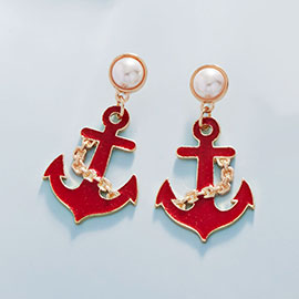 Pearl Pointed Enamel Anchor Dangle Earrings