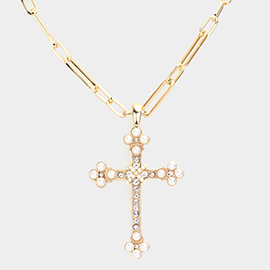 Pearl Round Stone Accented Stone Paved Cross Pendant Necklace