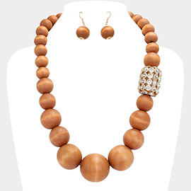 Rhinestone Cluster Pointed Oversized Wood Ball Statement Necklace