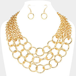 Metal O Ring Link Triple Layered Statement Necklace