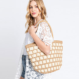 Two Tone Color Block Straw Bag