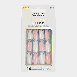 24PCS - Shimmer Luxe Medium Almond Pink/White Aurora Finish Press on Nail Set