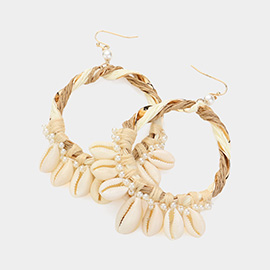 Puka Shell Pearl Embellished Raffia Wrapped Open Ring Dangle Earrings