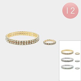 12PCS - Rhinestone Paved Stretch Bracelet Ring Set