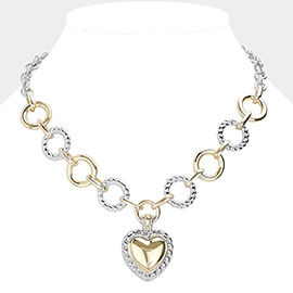 14K Gold Plated Two Tone Textured Metal Heart Pendant Necklace