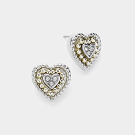14K Gold Plated Stone Paved Two Tone Heart Stud Earrings