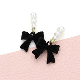 Pearl Accented Fuzzy Bow Dangle Earrings