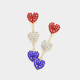 American USA Colored Triple Stone Paved Heart Link Dropdown Earrings