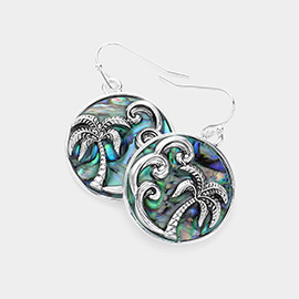 Palm Tree Accented Abalone Round Dangle Earrings
